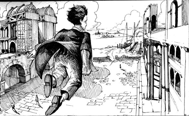 pen and ink sketch of a person flying over a pre-industrial city