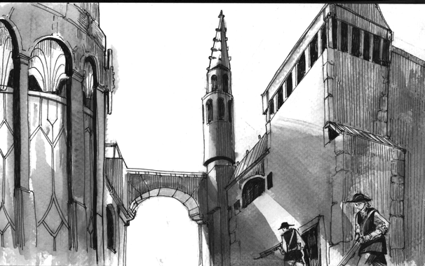 two soldiers sneaking by the side of a building during an attack at moonlight.