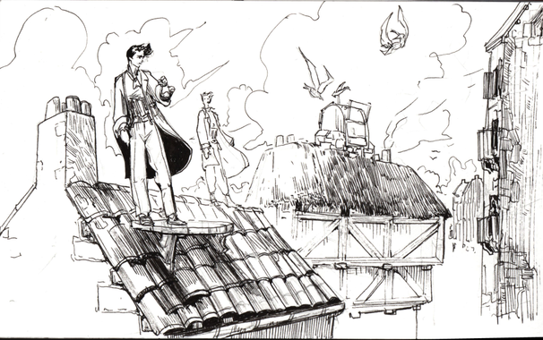flying lesson on the rooftops, pend and ink sketch showing two characters.