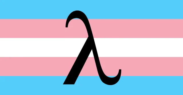 The trans flag with a greek lowecase lambda letter in black on it.