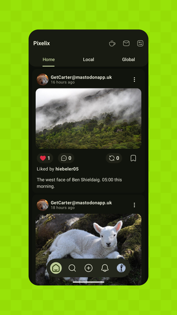 Home timeline of Pixelix. Top navigation bar with tabs Home, Local and Global. Content contains two posts of nature.