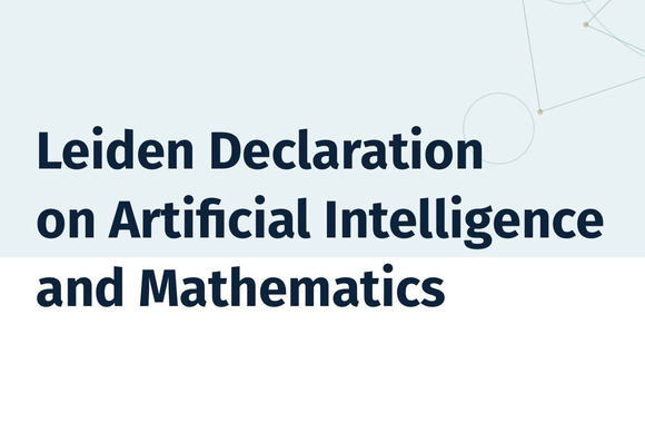 White background with black text reading "Leiden Declaration on Artificial Intelligence and Mathematics" and a blue line drawing.