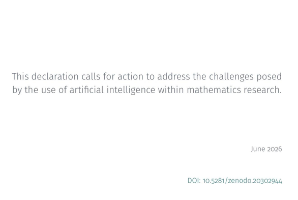 White page with black text. "This declaration calls for action to address the challenges posed by the use of artificial intelligence within mathematics research."
