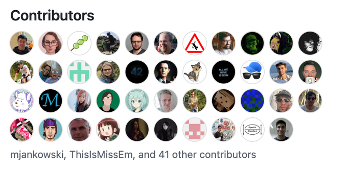 Grid of circular contributor avatars showing a mix of photos, illustrations, and icons. The title reads "Contributors" and the text below the face pile reads "mjankowski, ThisIsMissEm, and 41 other contributors" – its a screenshot from GitHub.