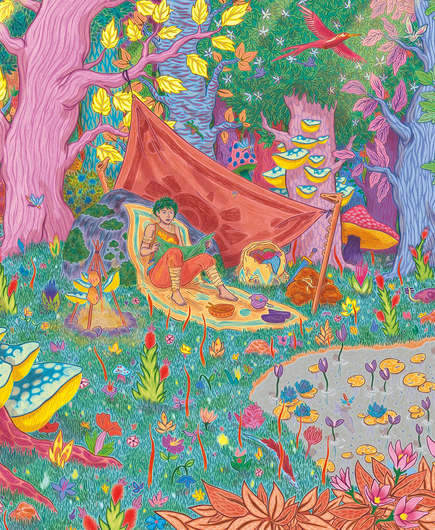 Voici une image aux crayons noirs colorisée numériquement issue du dossier BD que je suis en train de préparer. Elle représente Nylhne, mon personnage principal, qui est installée sous un abri de fait d'une toile rouge tendue entre des arbres qui lui appartient, avec un motif tissé. Elle est assise sur un tapis aux tons jaunes et ocres, vêtu de bandages enroulés autour des jambes et des bras, d’un pantalon court orangé et d‘un haut constitué de plusieurs tissus diffrents. Devant elle se trouvent un bol et quelques objets posés sur le tapis, dont ses chaussures.  Elle se trouve dans une clairière, à côté de son feu de camp qui gille des champignons et des fruits locaux, adossée à un gros rochier violet, à milieu d’herbes courtes, et non loin d’un plan d’eau rempli de nénuphars bleus et de roseau à fleurs violet. Tout autour, la forêt foisonne, elle est entourée de grands arbres avec des troncs au motifs et couleurs très différentes, allant du violet au bleu en passent pas le vert et le rouge. Il y a aussi des champignons colorés dont un grand rouge à pois et un jaune en bas à gauche, des fleurs de toutes les couleurs, et violets, quatre libellules, un grand oiseau rouge en vol dans les hauteurs. 