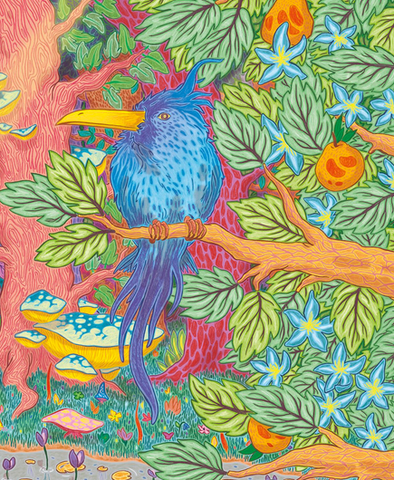Sur ce dessin, on voit un gros oiseau bleu perché sur une branche d’arbre fleuri de fleur bleues aussi, au dessus d’un buisson au feuille orangées. EN arrière plan, on peut distinguer le reste de la clairière de la première image.