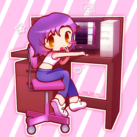 Chibi-style character named Ivy is sitting in a pink swivel chair at a computer desk. Ivy has purple hair and is wearing a white crop top and blue pants. The computer monitor displays thier MyCortex Page, and there are musical notes and stars floating around, suggesting enjoyment and creativity. The background features diagonal pink and white stripes.