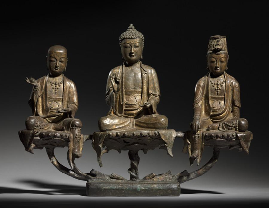 #Amitabha Triad, 1400s, #Korea, #Joseon dynasty (1392-1910), Bronze with traces of gilding, flanked by two sacred attendants, #Ksitigarbha (left) and #Avalokitesvara (right). The combination of these three #Buddhist deities was particularly popular in the early Joseon period. The small scale suggests that this triad might have been displayed in a personal shrine rather than a large worship hall.
#BuddhistArt #Buddhism