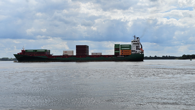 Containerschiff auf einem breiten Gewässer. Auf dem Schiff stehen mehrere Container in unterschiedlichen Farben und Größen. Im Hintergrund verläuft ein flaches Ufer mit Bäumen. Darüber ein Himmel mit dichten Wolken und einzelnen blauen Bereichen.