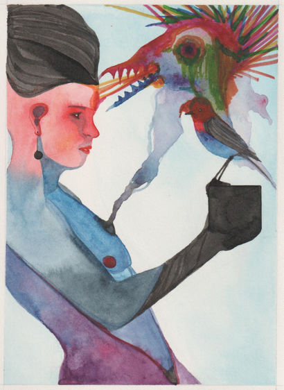 Dessin d'un personnage un cube bout du bras à la place de sa main, sur lequel est posé un oiseau. Une sorte de spectre oiseau sort de l'oiseau se dirigeant vers le torse et la tête du personnage.