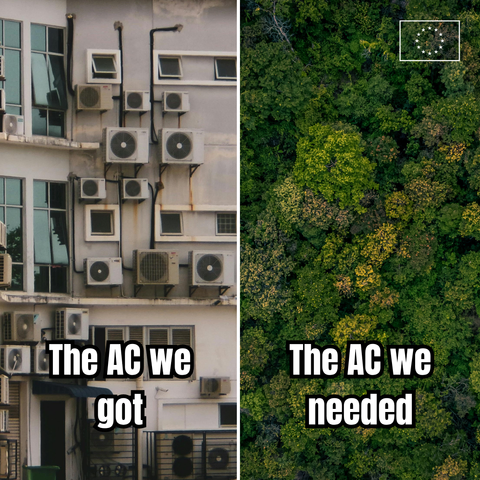 The image is split into two sections. The left side shows a building facade covered with many air conditioning units, with the caption ‘The AC we got.’ The right side shows a dense forest with lush green trees, with the caption ‘The AC we needed.’ The EU logo is in the top right corner.  
