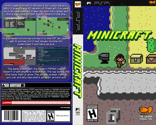 full psp homebrew boxart for minicraft. front shows 2d pixel art of a character next to an anvil, chest and cactus. back features 4 screenshots and text calling it an offline 2d minicraft port updated for the psp.