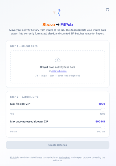 Screenshot of the app. Move your activity history from Strava to FitPub. This tool converts your Strava data export into correctly formatted, sized, and counted ZIP batches ready for import.