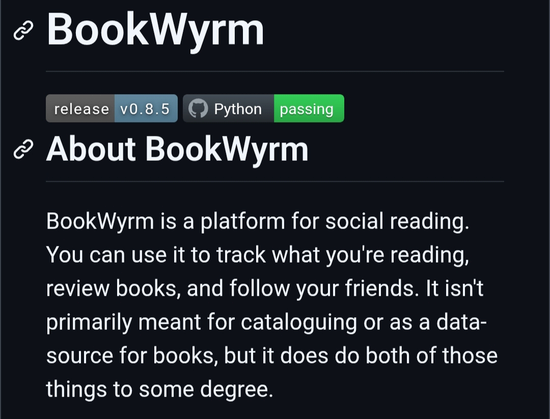BookWyrm project page showing information about the open-source social reading platform, including release details and a description of its reading, review, and social features.