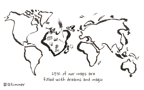 A doodle showing a map with an added 8th continent filled with dragons, magic, superheros, treasures and adventures.