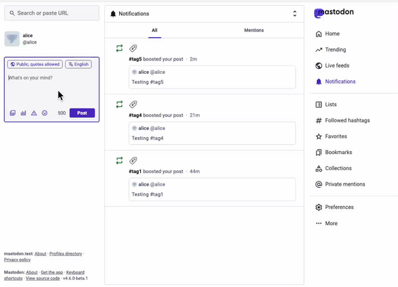 A screencast showing tags.pub and bot notifications interacting. A first post with a tag is boosted, and the user gets a notification. I then go to my notification settings and set Bots to Ignore. Posting again, there is no notification. I then go to my settings again and set Bots to Accept. Posting again, the notifications come back. 🎉