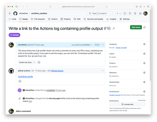 Example issue showing an auto-generated link to the Actions log containing gh-profiler information about the account that opened the issue.