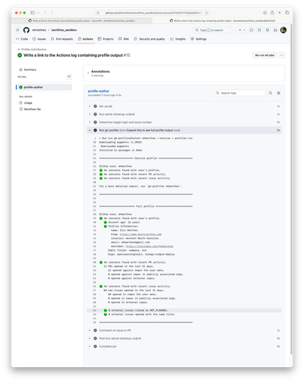 The actions log, with the job that ran gh-profiler expanded, showing the profiler output.