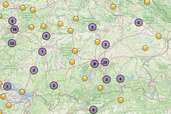 Eine Karte des Fedimaps eines Teils von Süddetschlands und Österreichs