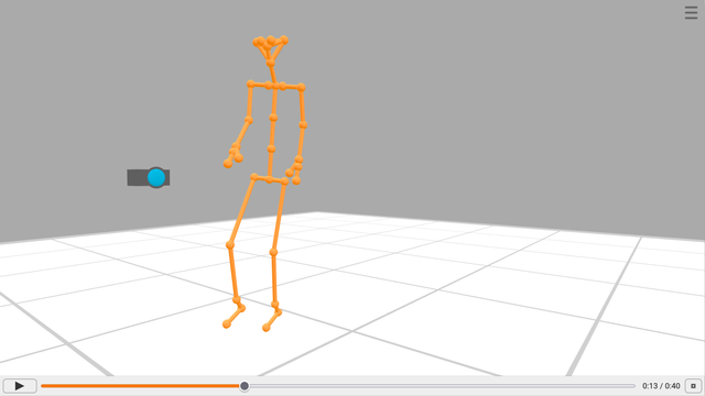A stick figure in a simple 3D environment, with a stylized camera shown in the background of the scene. There is a video player interface at the bottom with a play button, a progress bar, and playback time information.