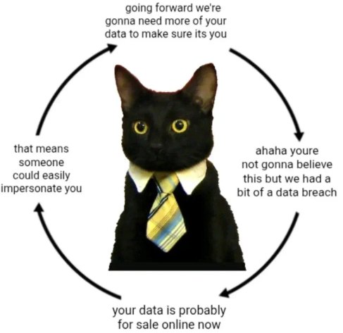 Meme, showing a continuous circle of data breach messages from corporations…

Ahaha you're not gonna believe this but we had a bit of a data breach.

Your data is probably for sale online now.

That means someone could easily impersonate you.

Going forward we're gonna need more of your data to make sure its you.