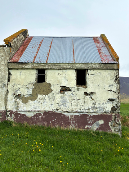 An abandoned farm with cracked concrete walls and a rusty roof.