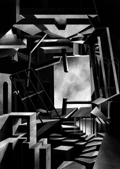 This black-and-white digital drawing depicts a fragmented, geometric architectural space rendered with a heavy stippled texture. The composition features an assembly of sharp beams, blocks, and a winding staircase that suggest a collapsing or labyrinthine structure. In the center, a bright, blank rectangular opening acts as the primary light source, creating a strong contrast with the dark foreground elements and the oppressive, interlocking structures overhead. Arched doorways and grid-like frames are visible on the periphery, reinforcing the subterranean and abandoned appearance of the environment.