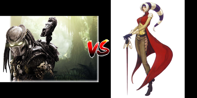 Two fighting videogame characters side by side: Predator from Mortal Kombat X on the left and Foxy from The King of Fighters 2000 on the right.