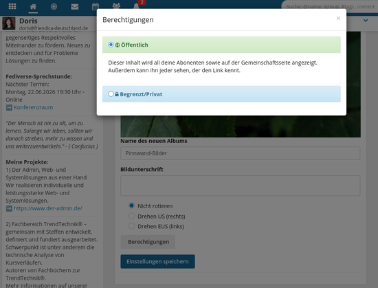 Screenshot aus Friendica mit dem geöffneten Dialog „Berechtigungen“ für ein Bild. Die Option „Öffentlich“ ist ausgewählt und grün hervorgehoben. Darunter befindet sich die Alternative „Begrenzt/Privat“. Das Bild zeigt, wo die Sichtbarkeit eines Fotos nachträglich geändert werden kann.