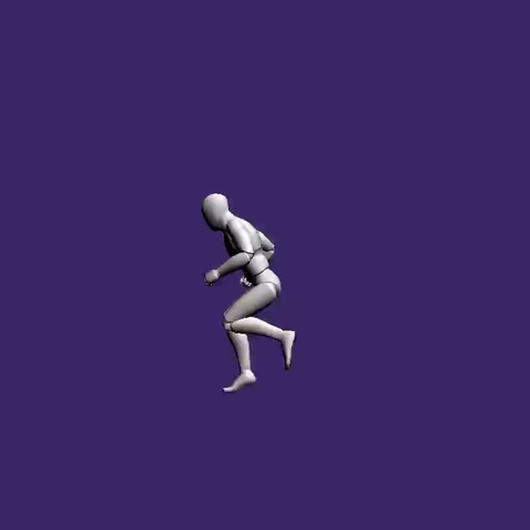 Humanoid 3d model performing some movements, walking, jumping, dancing.