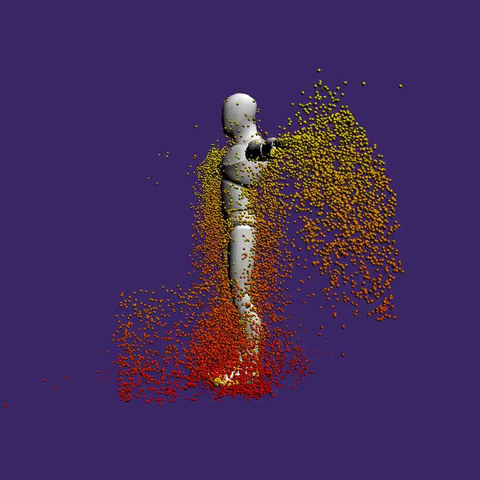 Particles emitted from a rigged model. Change color when falling.
