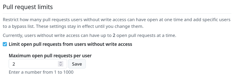 "Restrict how many pull requests users without write access can have open at one time"