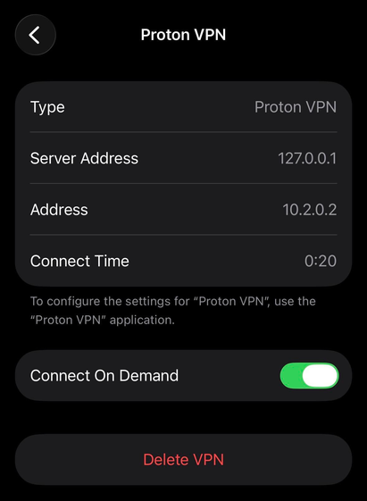 Proton VPN tunnel internal IP as shown in the Settings app