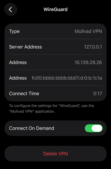 Mullvad VPN tunnel internal IPs as shown in the Settings app
