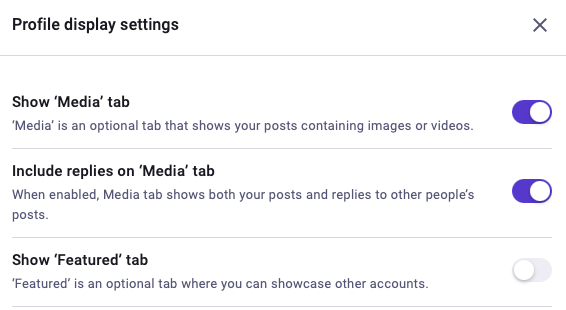 screenshot of mastodon 4.6 profile preferences including toggles for showing the media and featured tabs