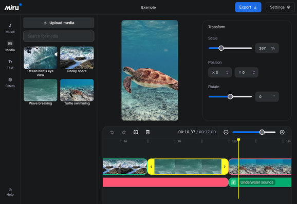 user-friendly video editor in desktop mode. it shows a panel of video assets on the left, a canvas in the center, clip transform properties on the right and a timeline with clips below
