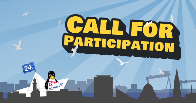 Silhouette der Stadt Kiel mit einem Tux im Papierfaltboot auf der Förde. Im Himmel darüber der Text 'Call for Participation', umschwärmt von Möwen.