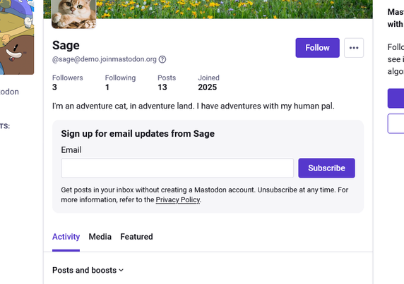 This image shows a screenshot of a user profile page on the decentralised social media platform Mastodon. with the Newsletter Subscription

The central focus of the screenshot is a large, light-gray callout box positioned below the bio. It highlights a feature that allows users to receive updates via email:

 "Sign up for email updates"
An empty text box labeled "Email".
A solid purple button labeled "Subscribe".

"Get posts in your inbox without creating a Mastodon account. Unsubscribe at any time. For more information, refer to the Privacy Policy."

The layout uses a clean, modern web design with a dominant color palette of white, gray, and Mastodon's signature purple accents.