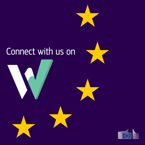A promotional graphic with a deep purple background, inviting viewers to "Connect with us on" a platform symbolized by a large stylized letter "W." 

The "W" has a 3D effect, with the left half in white and the right half in a light mint green. Five large, yellow five-pointed stars curve along the top, right, and bottom edges, reminiscent of the European Union flag. In the bottom right corner, there is a small, white institutional logo representing the European Commission. 