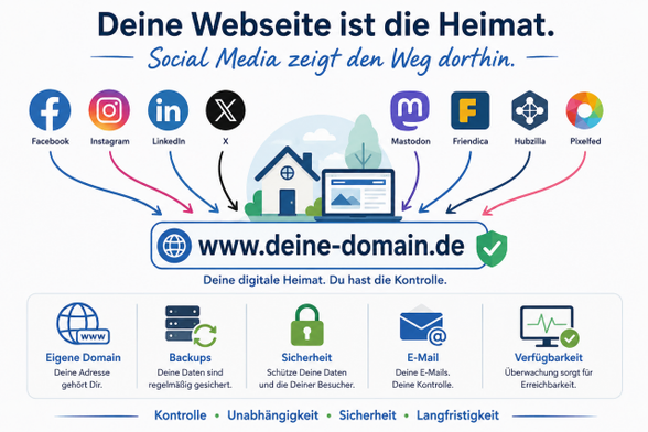 Illustration zur digitalen Unabhängigkeit: Verschiedene soziale Netzwerke und Fediverse-Plattformen wie Facebook, Instagram, LinkedIn, Mastodon, Friendica und Hubzilla verweisen auf eine eigene Webseite unter eigener Domain. Dazu der Hinweis: „Ihre Webseite ist die Heimat. Social Media zeigt den Weg dorthin.“ Die Grafik verdeutlicht, dass soziale Netzwerke Kommunikationskanäle sind, während die eigene Webseite die langfristig kontrollierbare digitale Heimat eines Projekts bildet.