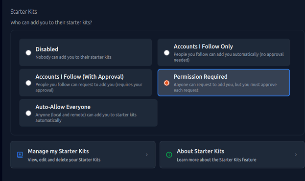 screenshot loops.video settings for starter kits:   it's set to permission required