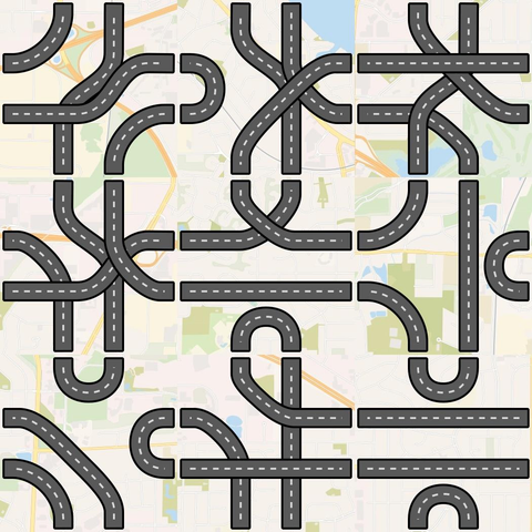 A 3 by 3 grid of squares. Each square has a background of a simple road map in bright colors. Over the background run a series of simple roads which turn and swerve. The roads on each square connect with those of its neighbor, and the overall effect is that of a tangle of intersecting roads.
