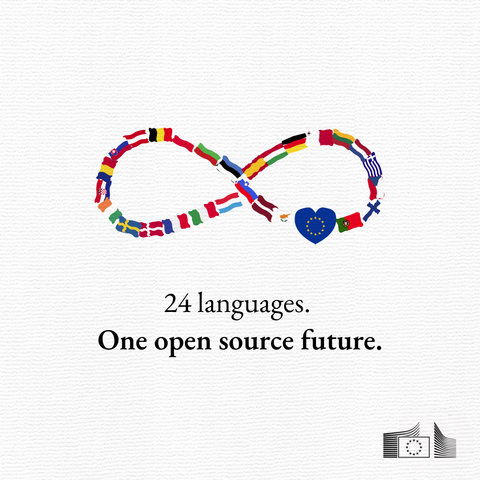 An infinity symbol composed of EU national flags and an EU heart, with the text "24 languages. One open source future."