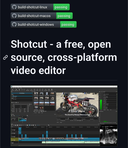 Screenshot of the Shotcut project page. At the top are build status badges showing successful builds for Linux, macOS, and Windows. Below, a large heading describes Shotcut as a free, open-source, cross-platform video editor. The page includes a screenshot of the Shotcut interface, showing a video editing workspace with media bins, preview window, timeline tracks, audio meters, filters, and waveform displays. The preview displays a motorcycle video project titled “A Bike Show,” demonstrating Shotcut’s professional editing capabilities.