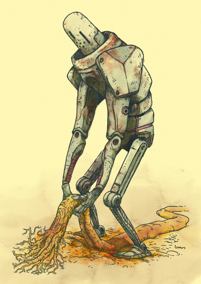 Illustration of an old rusty robot pulling out a root