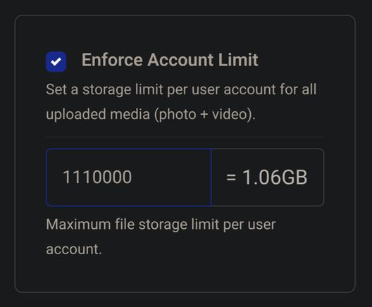 enforce account limit set to 1.06GB