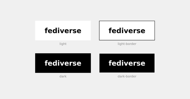 A two-by-two grid of animated gifs, in four variations in dark/light colors with and without borders, each GIF showing translation of the word fediverse in various languages.