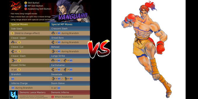 Two fighting videogame characters side by side: Vanguard from DNF Duel on the left and Shura from World Heroes 2 on the right.