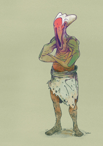 Illustration of an extraterrestrial creature, standing arms crossed, wearing a ragged skirt.