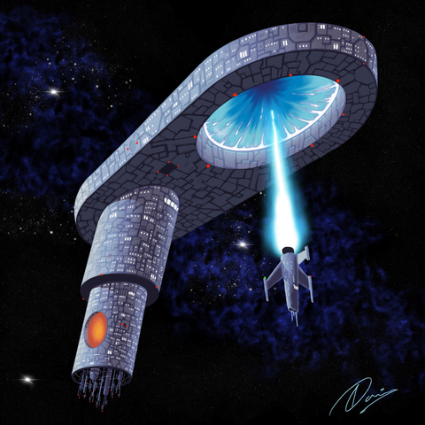 A futuristic spaceship is flying towards a large, ring-shaped space station with a glowing center in a star-filled galaxy. The station features a cylindrical section with detailed structures and lights.